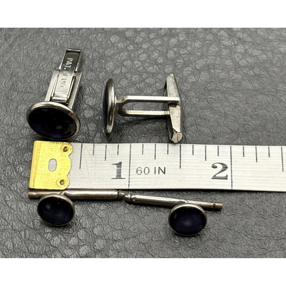 Vintage Silver Tone Moonglow Blue Cabochon Cufflinks Studs Cuff Button Set